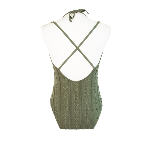 Aerie Deep Green Embroidered Floral Cheeky One Piece Swimsuit, Size Medium - Picture 4 of 12